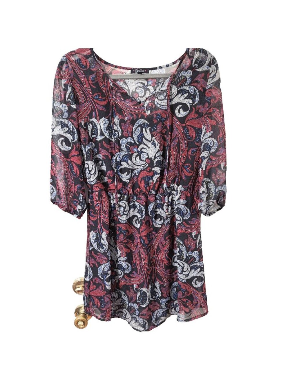 Bebop Paisley Long Sleeve Dress Cinched Waist Red Blue White Pattern Boho Style